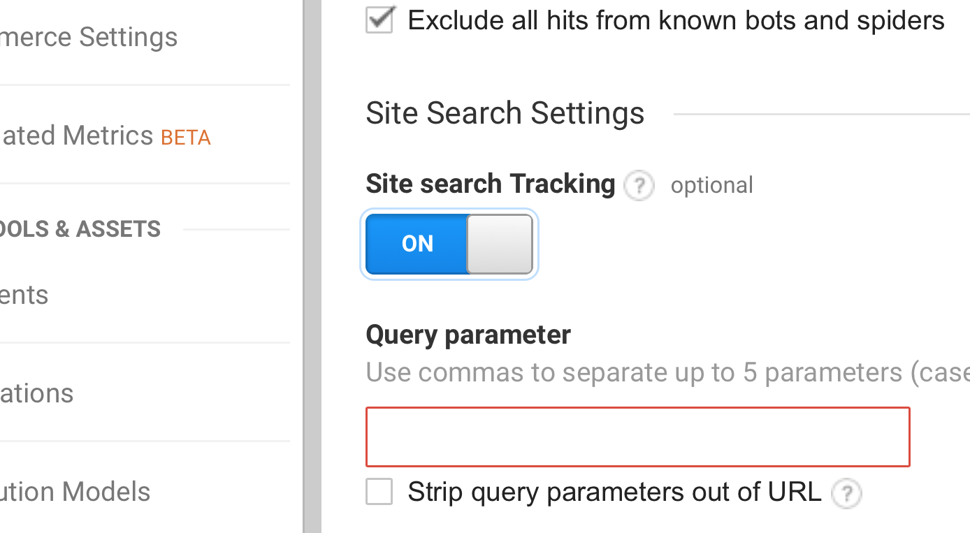 Site search settings in Google Analytics