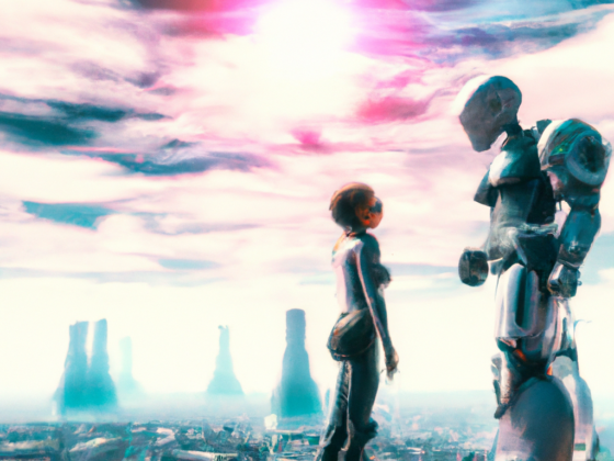 "A robot and a human discussing the future of humanity in a futuristic city landscape". DALL-E 2