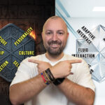 Kane Simms in between two brand identity prisms. one showing the traditional prism and on the other side is the new brand identity prism fuelled by voice AI