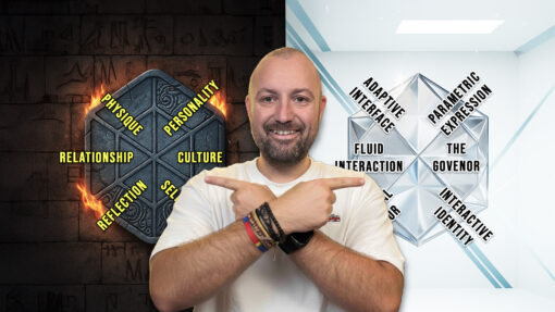 Kane Simms in between two brand identity prisms. one showing the traditional prism and on the other side is the new brand identity prism fuelled by voice AI