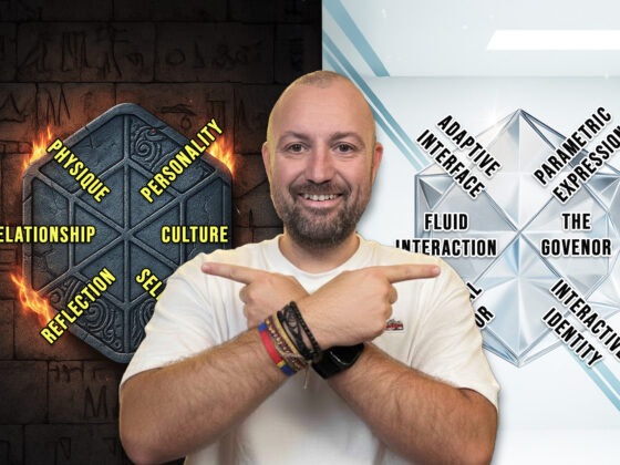 Kane Simms in between two brand identity prisms. one showing the traditional prism and on the other side is the new brand identity prism fuelled by voice AI