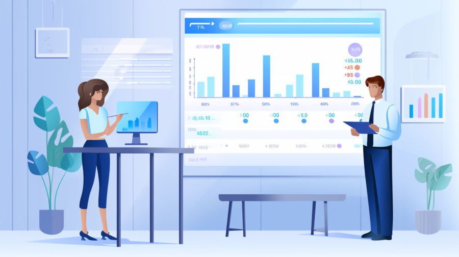An illustration of two people standing in front of the large display with some charts and analytics on it.