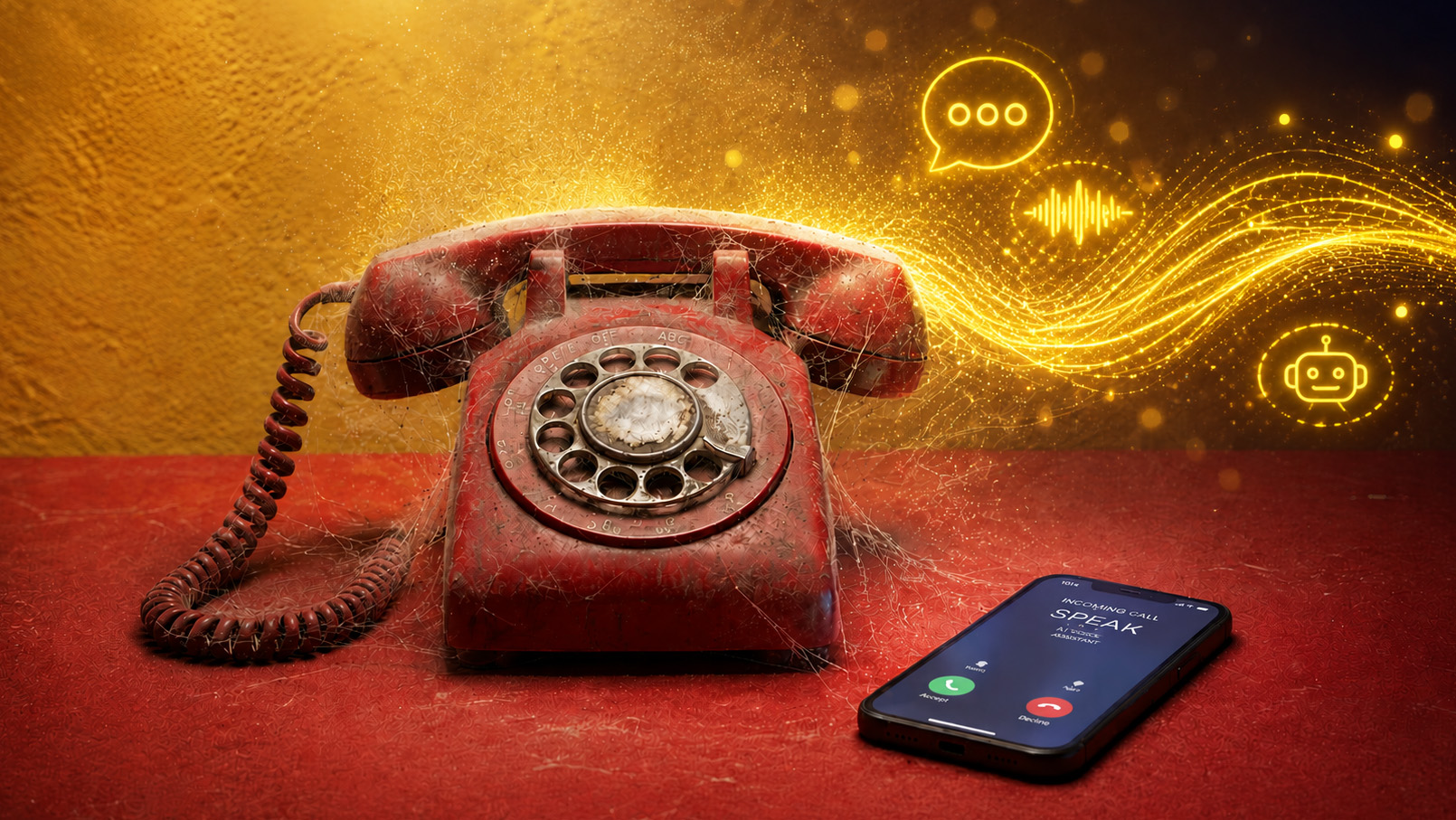 An old red rotary telephone covered in dust and cobwebs sits beside a modern smartphone displaying an incoming call. Bright golden-yellow digital waveforms and glowing communication symbols flow from the vintage phone, symbolising the revival of voice communication through modern AI technology.