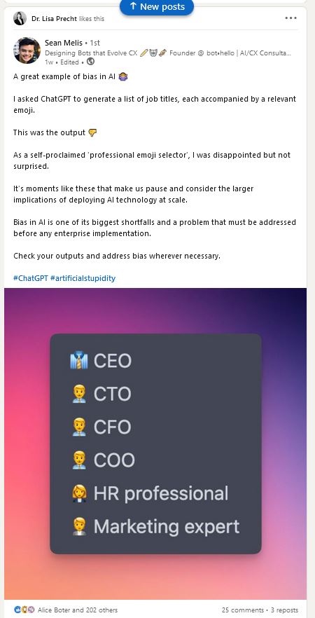 A screengrab from Sean Melis' LinkedIn post. He asked ChatGPT to generate a list of job titles, and provide an emoji for each. In ChatGPT's response, all emjois have white skin tone, and the senior management are male while HR and marketing are female