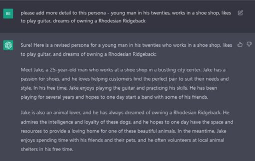 I gave chatGPT a prompt and it added a lot more detail. The prompt was please add more detail to this persona - young man in his twenties, works in a shoe shop, likes to play guitar, dreams of owning a Rhodesian Ridgeback