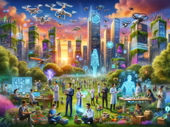 A futuristic cityscape at twilight, blending technology with nature. Diverse individuals interact with AI technologies, including holograms and robots, against a backdrop of eco-friendly skyscrapers. Drones fly overhead in the sky, transitioning from day to night, symbolising the onset of a new era in human and AI coexistence. This vibrant scene captures the potential impacts of AI on jobs, intelligence, and our collective future.