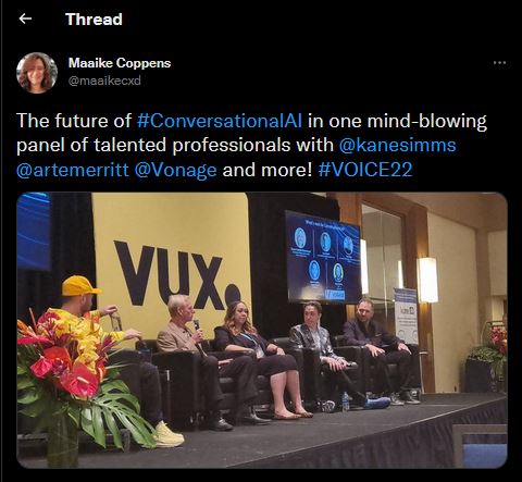 A screengrab of a tweet by maaikecxd, with an image of the Vonage panel at Voice22
