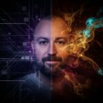 Kane Simms staring towards the camera with a rule based flow on one side of the image and a fluid organic motion on the other side.