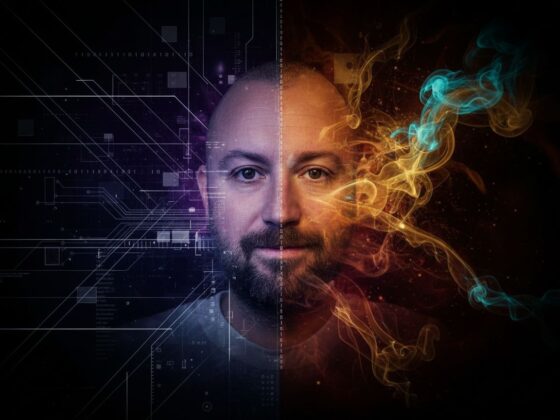 Kane Simms staring towards the camera with a rule based flow on one side of the image and a fluid organic motion on the other side.