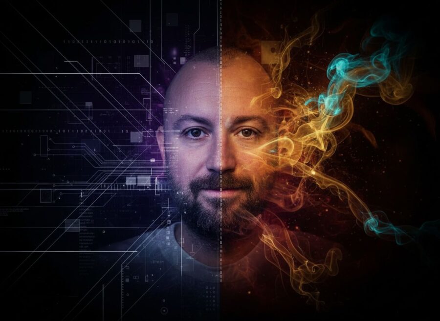 Kane Simms staring towards the camera with a rule based flow on one side of the image and a fluid organic motion on the other side.