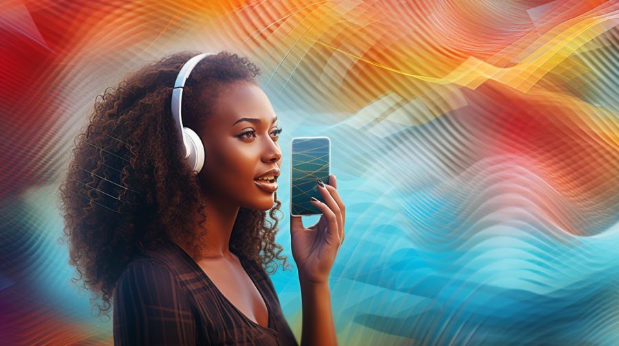 A lady holding the phone and talking into it with colourful sound waveforms in the background. 